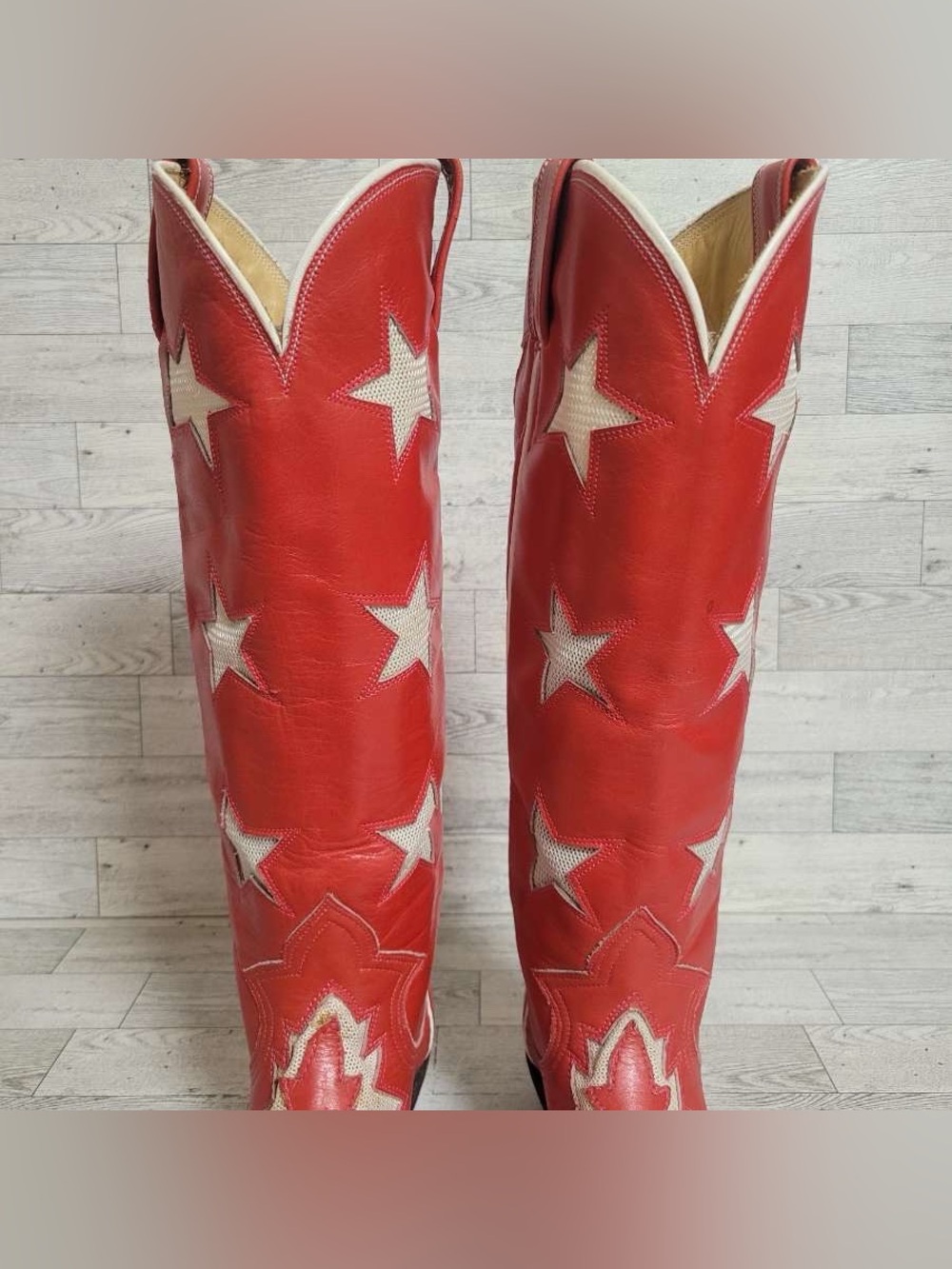 Women’s Custom Red Leather Star Inlay Patriotic Tall Rodeo Cowboy Boots Size 6 - Picture 4 of 14